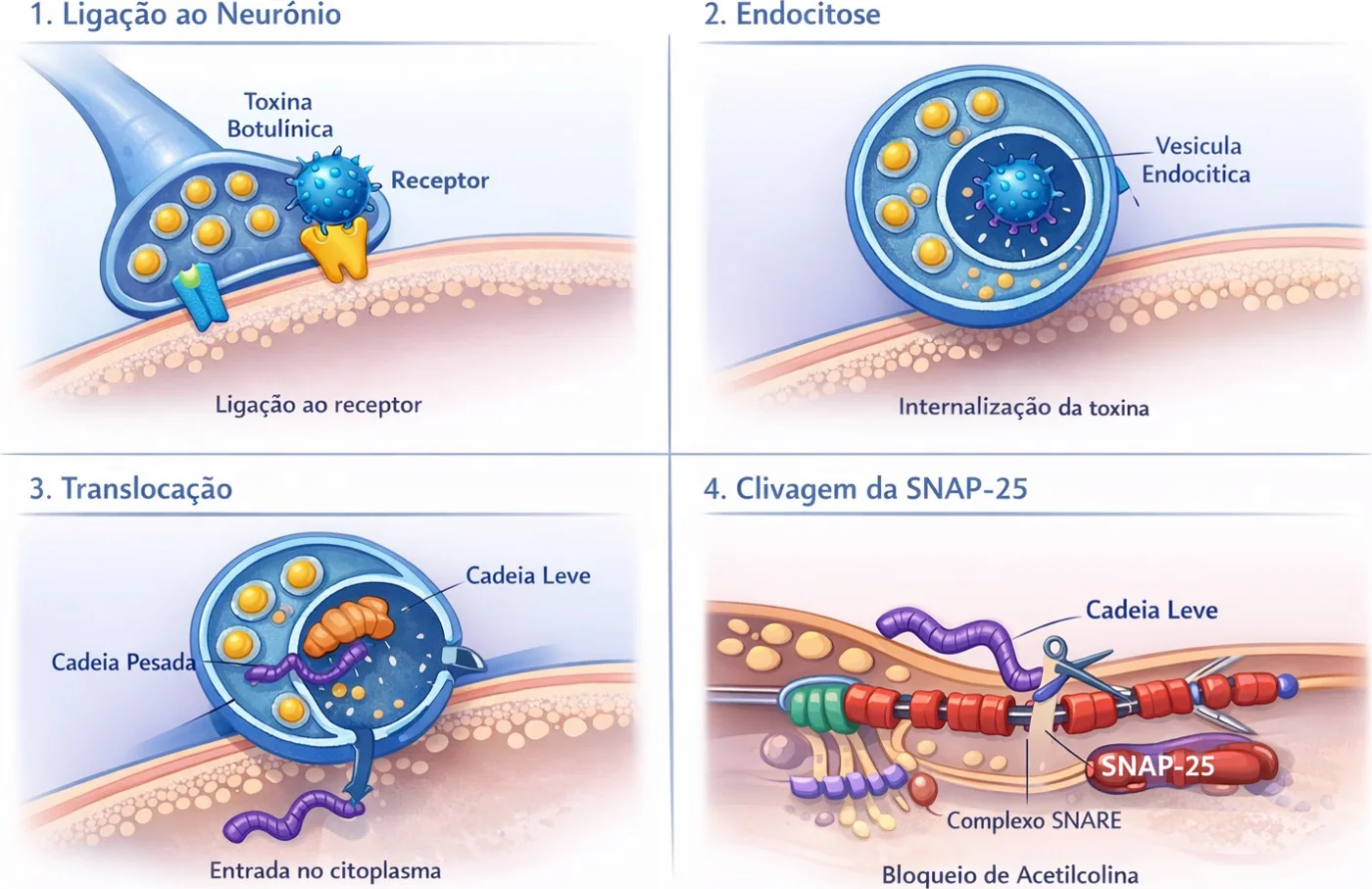 As quatro etapas da ação da toxina botulínica: ligação, endocitose, translocação e clivagem da SNAP-25